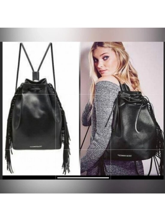 NWT Victoria’s Secret Fashion show black fringe drawstring bag or backpack.17” l main image 8